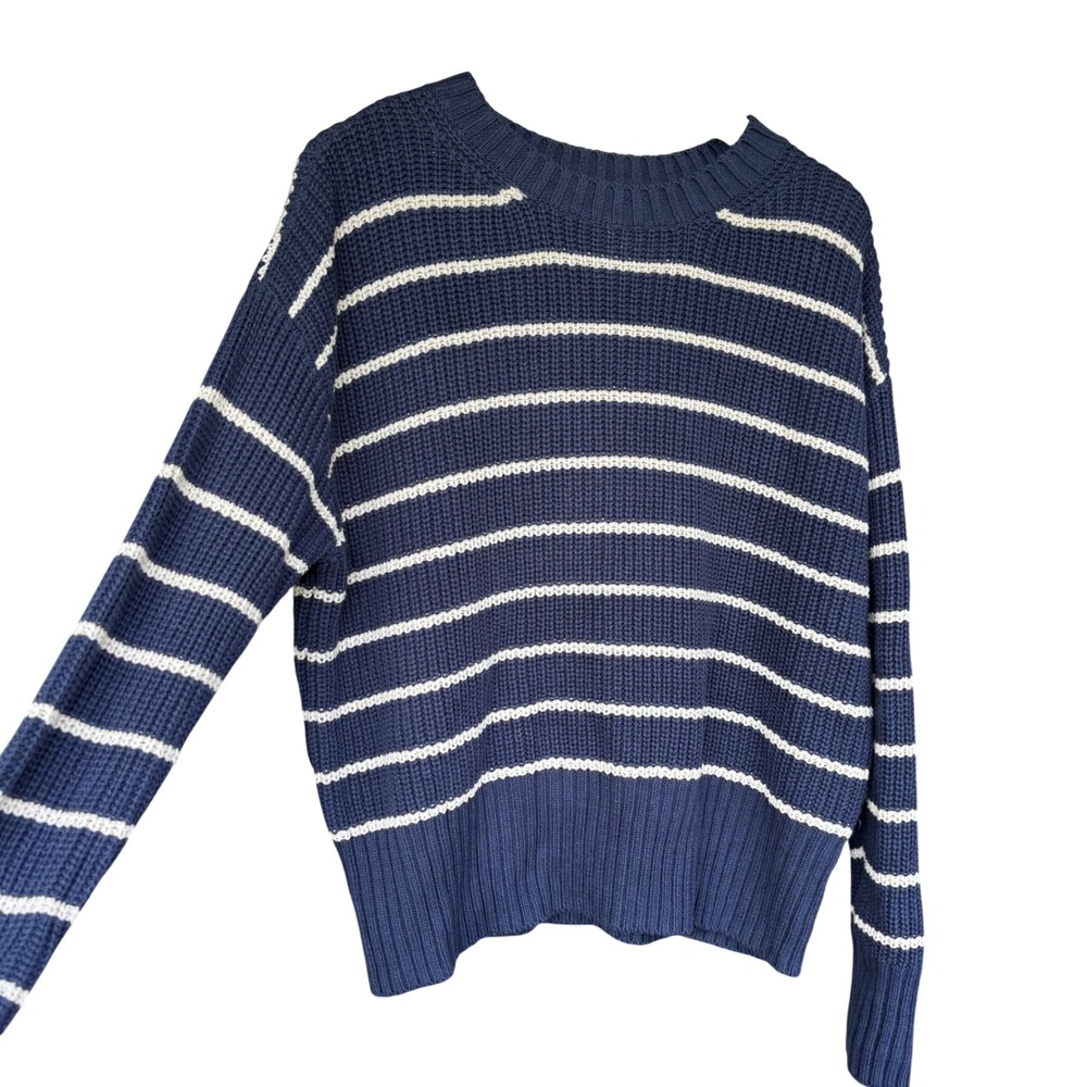 Womens Blue White Cotton Pullover Sweater Size L Fisherman Coastal Nautical Prep